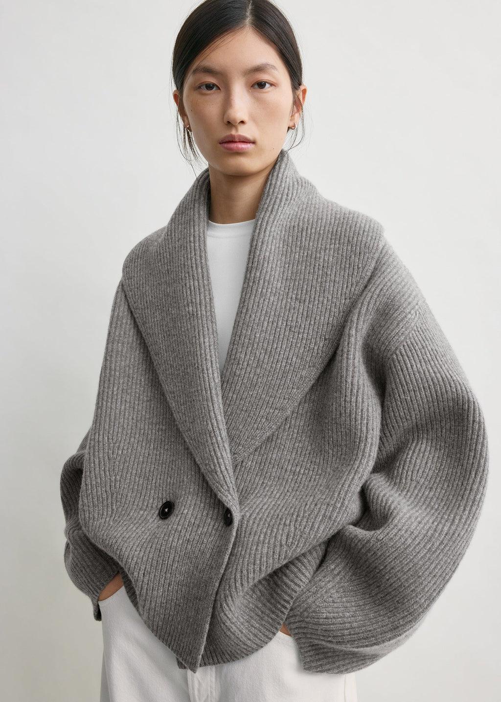 Shawl-lapel cardigan mid grey